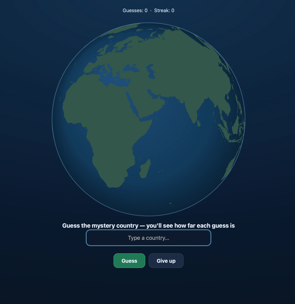 Guess the mystery country on a 3D globe